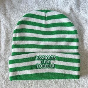 Assholes Live Forever green & white stripped beanie